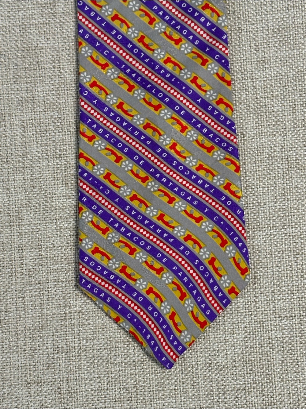 Vintage Partagas 1845 Cigar Silk Tie Flor de Tabacos Novelty Gray Purple